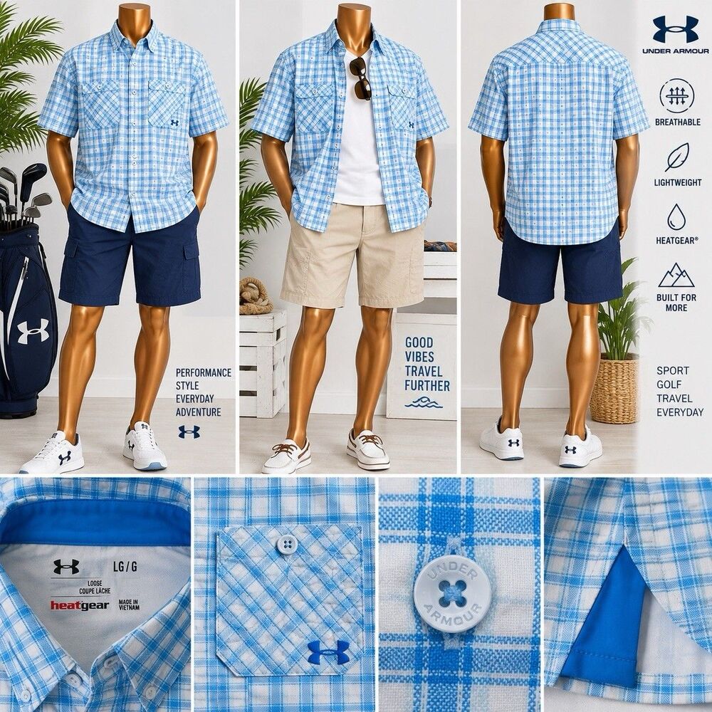 UNDER ARMOUR HEAT GEAR L Short Sleeve Shirt Plaid BUTTON FRONT LOOSE